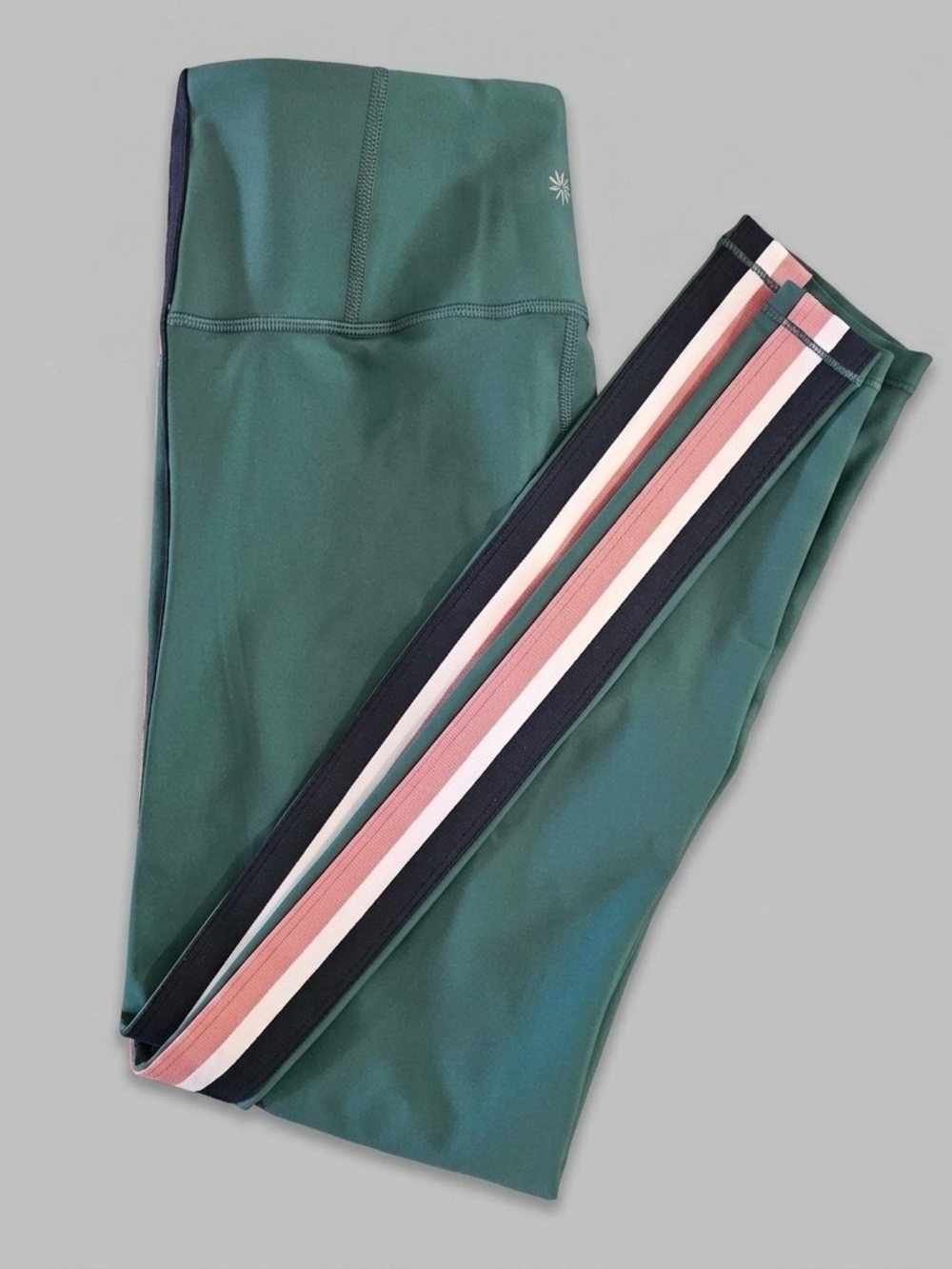 Athleta Deep Green Leggings with Multi-Stripe Accents